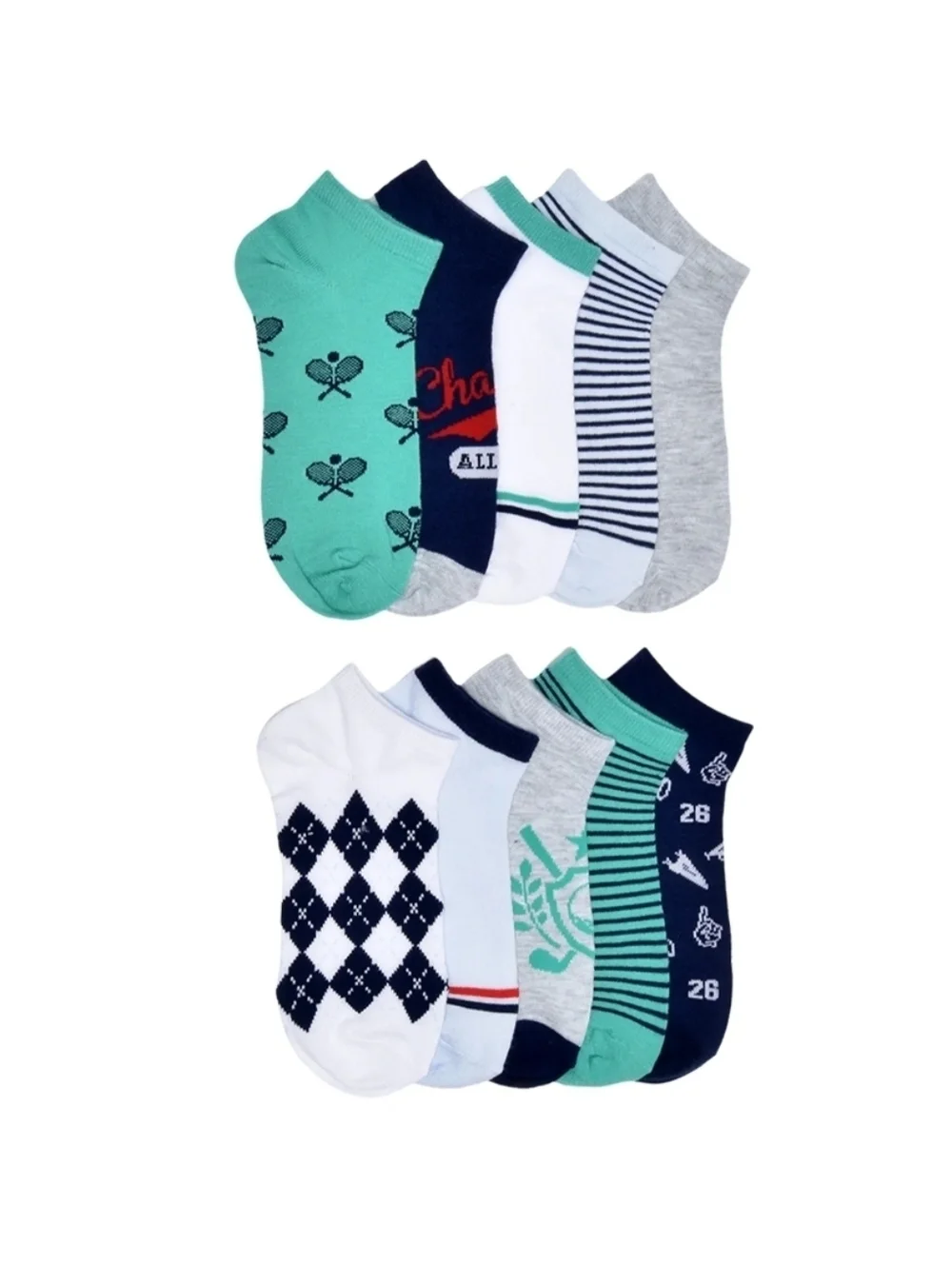 No Boundaries Ladies Crew Socks - Teal, Navy & White Mix.     9